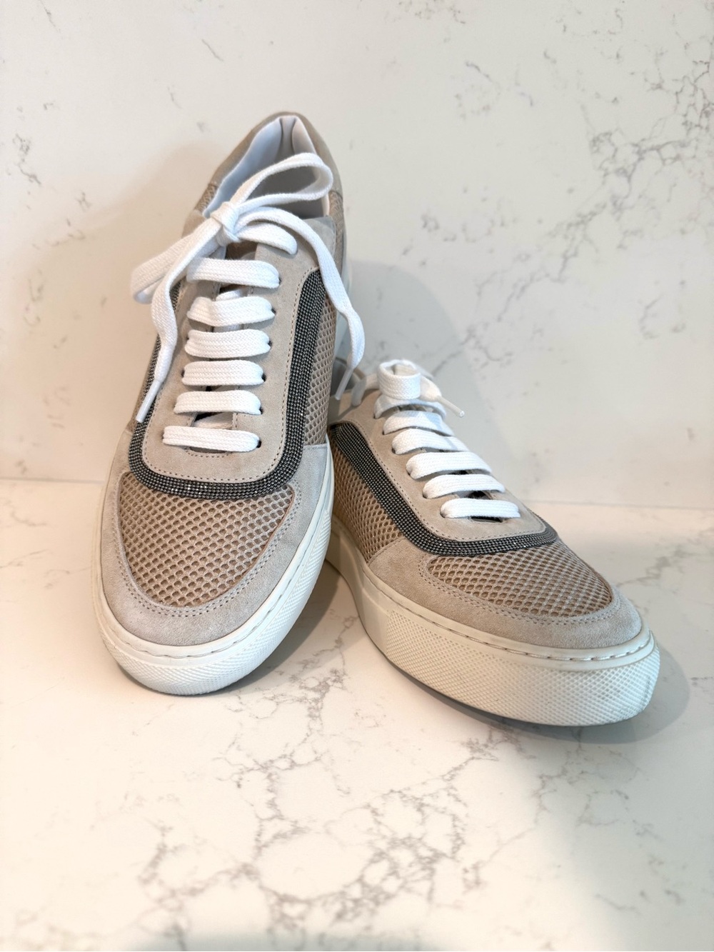 Women’s Beige Mesh & Suede Low-Top Sneakers